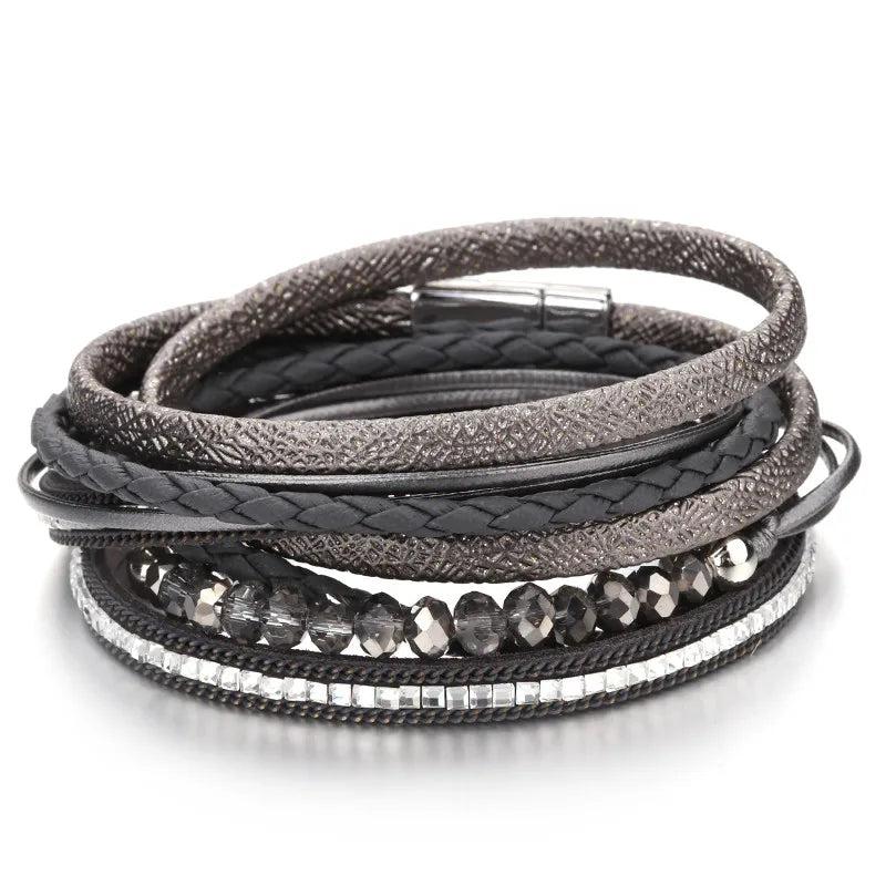Boho Crystal Beads Leather Bracelet Rope Wrap Charm Jewelry