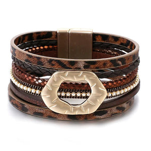 Leopard Leather Bracelet for Women Bohemian Party Beaded Metal Bracelet