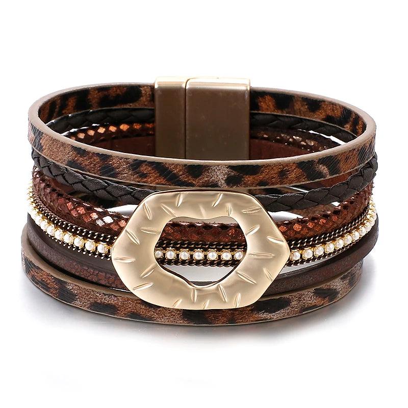 Leopard Leather Bracelet for Women Bohemian Party Beaded Metal Bracelet