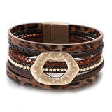 Leopard Leather Bracelet for Women Bohemian Party Beaded Metal Bracelet