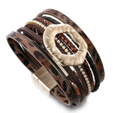 Leopard Leather Bracelet for Women Bohemian Party Beaded Metal Bracelet