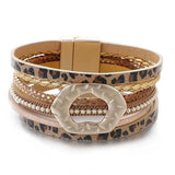 Leopard Leather Bracelet for Women Bohemian Party Beaded Metal Bracelet