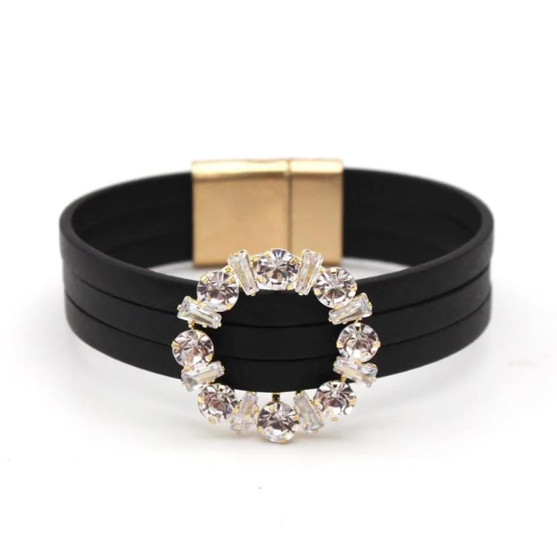 Leather Crystal Bracelets For Women Multilayer Wide Wrap Bracelet