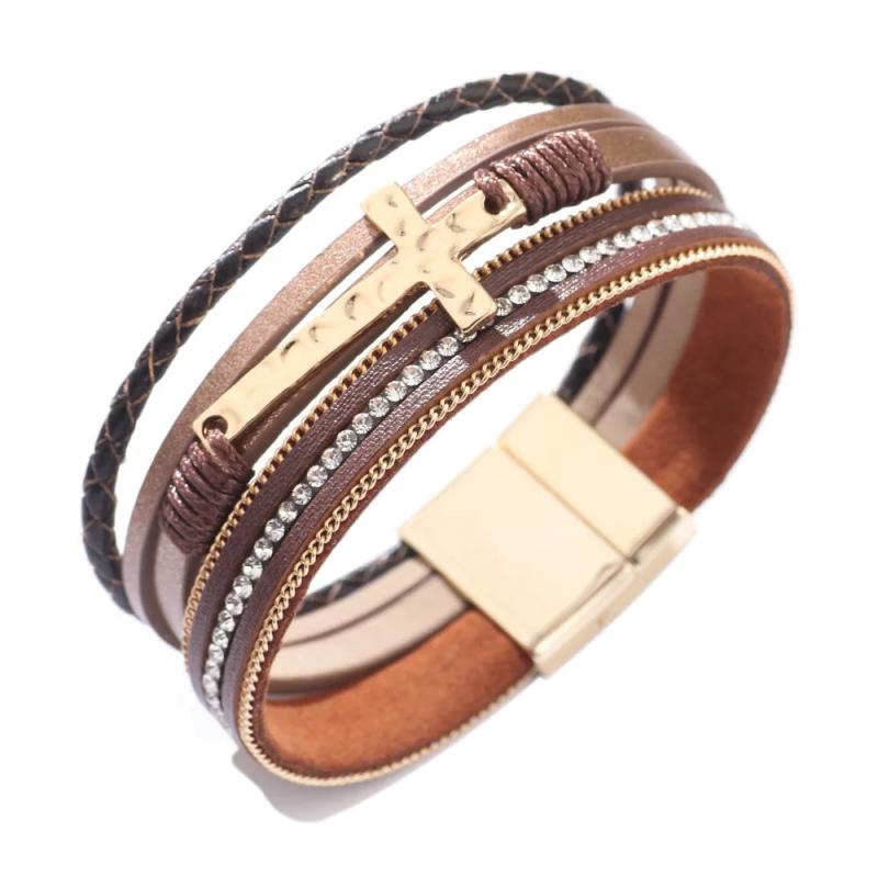 Multilayer Cross Charm Leather Bracelet Rhinestone Wrap Bangle