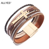 Multilayer Cross Charm Leather Bracelet Rhinestone Wrap Bangle