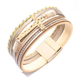 Multilayer Cross Charm Leather Bracelet Rhinestone Wrap Bangle