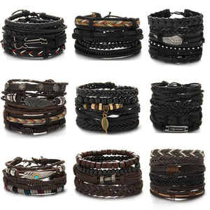 Men's Braided Leather Bracelets Set Vintage Star Leaf Charm Wood Beads