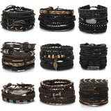 Men's Braided Leather Bracelets Set Vintage Star Leaf Charm Wood Beads