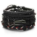 Men's Braided Leather Bracelets Set Vintage Star Leaf Charm Wood Beads
