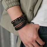 Men's Braided Leather Bracelets Set Vintage Star Leaf Charm Wood Beads