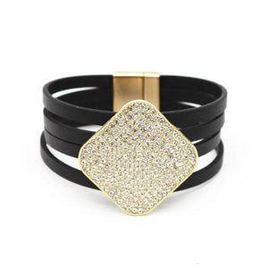 Leather Bracelets Square Crystal Women Bracelet Cuff Multilayer Magnet Clasp