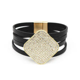 Leather Bracelets Square Crystal Women Bracelet Cuff Multilayer Magnet Clasp