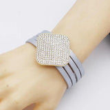 Leather Bracelets Square Crystal Women Bracelet Cuff Multilayer Magnet Clasp
