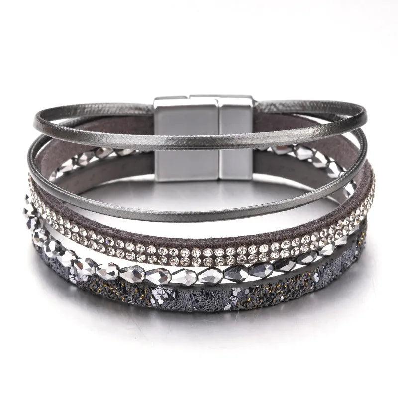 Boho Rhinestone Wrap Bracelet Multilayer Leather Bracelet for Women