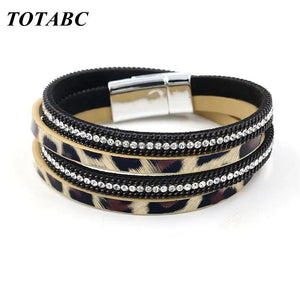 Leopard Print Women Leather Bracelet Multilayer Wide Wrap Bracelet