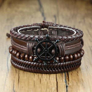 Men's Leather Bracelet Set Rudder Tree Dollar Charm Vintage Wristband Jewelry