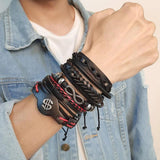 Men's Leather Bracelet Set Rudder Tree Dollar Charm Vintage Wristband Jewelry