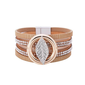 Boho Rhinestone Leaf Charm Leather Wrap Bracelet for Women