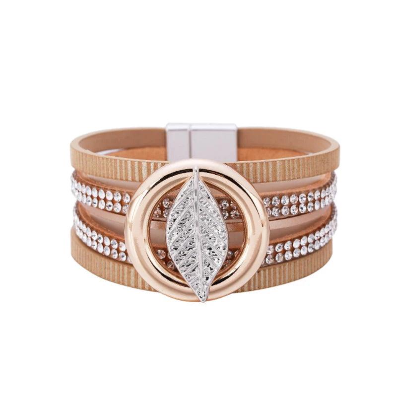 Boho Rhinestone Leaf Charm Leather Wrap Bracelet for Women
