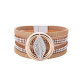 Boho Rhinestone Leaf Charm Leather Wrap Bracelet for Women