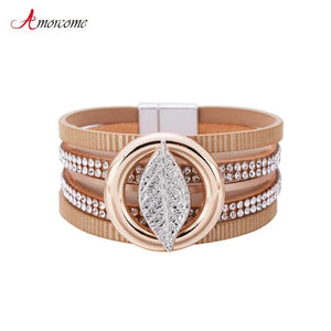 Boho Rhinestone Leaf Charm Leather Wrap Bracelet for Women