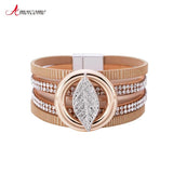 Boho Rhinestone Leaf Charm Leather Wrap Bracelet for Women