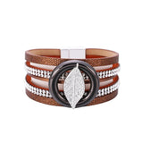 Boho Rhinestone Leaf Charm Leather Wrap Bracelet for Women
