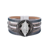 Boho Rhinestone Leaf Charm Leather Wrap Bracelet for Women