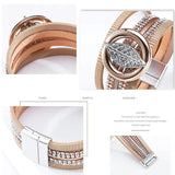 Boho Rhinestone Leaf Charm Leather Wrap Bracelet for Women