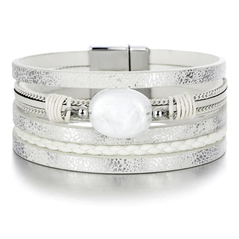 Vintage Style Resin Stone Charms Leather Bracelet for Women