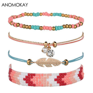 Bohemia Style Pink Bead Charm Wrap Bracelet Set