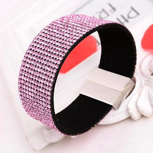 Joyme Pink Rhinestone Crystal Bracelet for Women Wide Leather Wrap Bangle