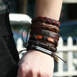 Vintage Red Brown 6 Pcs/set Alloy Way Words Charm Woven Leather Bracelets