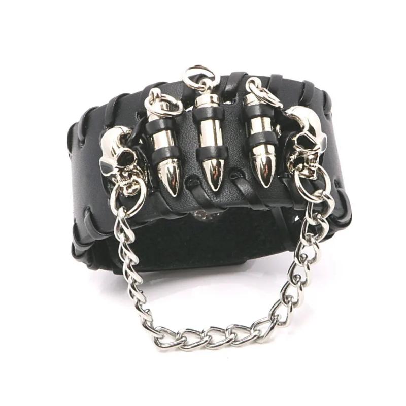 PU Leather Bracelet Bullet Wristband Men's Skull Metal Chain Biker Rock Gothic