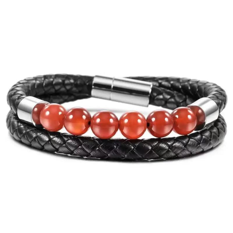 Men's Vintage Steel Leather Bracelet with Tiger's Eye Stone