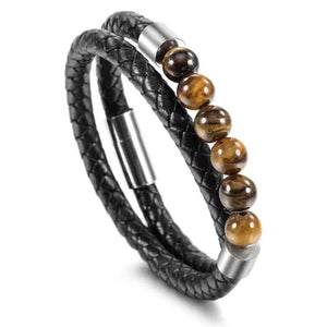 Men's Vintage Steel Leather Bracelet with Tiger's Eye Stone