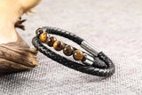 Men's Vintage Steel Leather Bracelet with Tiger's Eye Stone