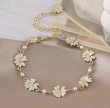 Sweet Daisy Flower Charms Bangle with Pearls