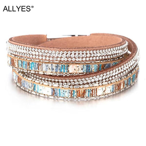 Crystal Vintage Boho Leather Bracelet Double Wrap