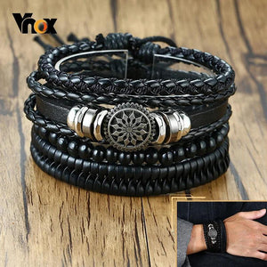 Adjustable Leather Bracelets for Men - Set of 4 Braided PU Brown Bangle