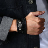 Adjustable Leather Bracelets for Men - Set of 4 Braided PU Brown Bangle