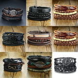 Adjustable Leather Bracelets for Men - Set of 4 Braided PU Brown Bangle
