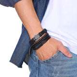 Adjustable Leather Bracelets for Men - Set of 4 Braided PU Brown Bangle