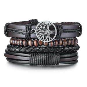 4Pcs/Set Tree of Life Men Bracelets, Layer Leather Wristband