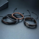 4Pcs/Set Tree of Life Men Bracelets, Layer Leather Wristband