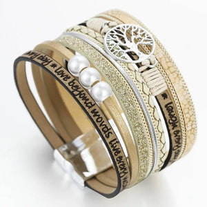 Boho Multilayer Leather Wrap Bracelet with Rhinestone Pearls