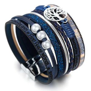 Boho Multilayer Leather Wrap Bracelet with Rhinestone Pearls
