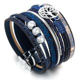 Boho Multilayer Leather Wrap Bracelet with Rhinestone Pearls