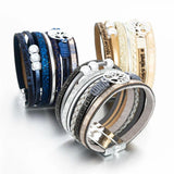 Boho Multilayer Leather Wrap Bracelet with Rhinestone Pearls