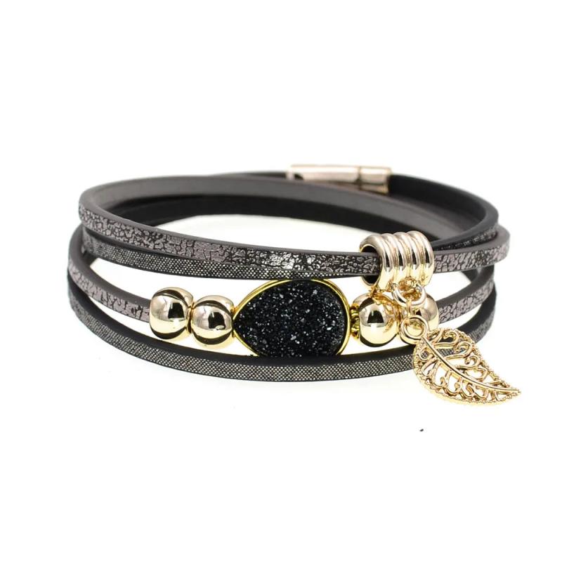 Bohemian Leather Beaded Wrap Bracelet with Leaf Stone